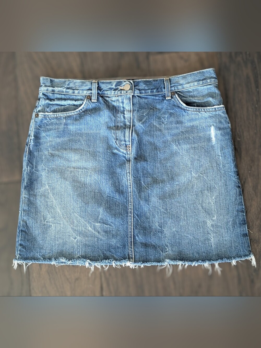 J Crew Denim Mini Skirt - Distressed Blue, Frayed Hem.